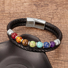 Luxury Natural 7 Color Chakra Healing Stone Beads Black Genuine Leather Hommes Pulseras Bracelet