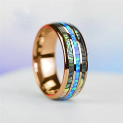 Radiant 8mm Rose Gold Color Tungsten Wedding Men Stainless Steel Rings: Inlay Abalone Shell Blue Opal Rings for Men