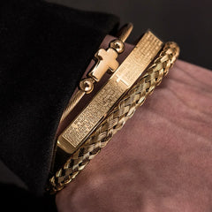 Luxury 3PCS Stainless Steel Gold Cross Roman Numeral Bangle Cuff Bracelet