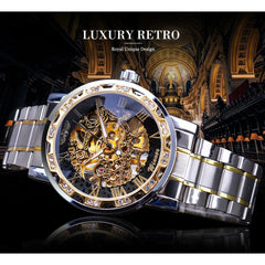 Winner Luxury Stylish Mens Stainless Steel Mechanical Skeleton Transparent Diamond Luminous Gear Movement Royal Design Wristwatch