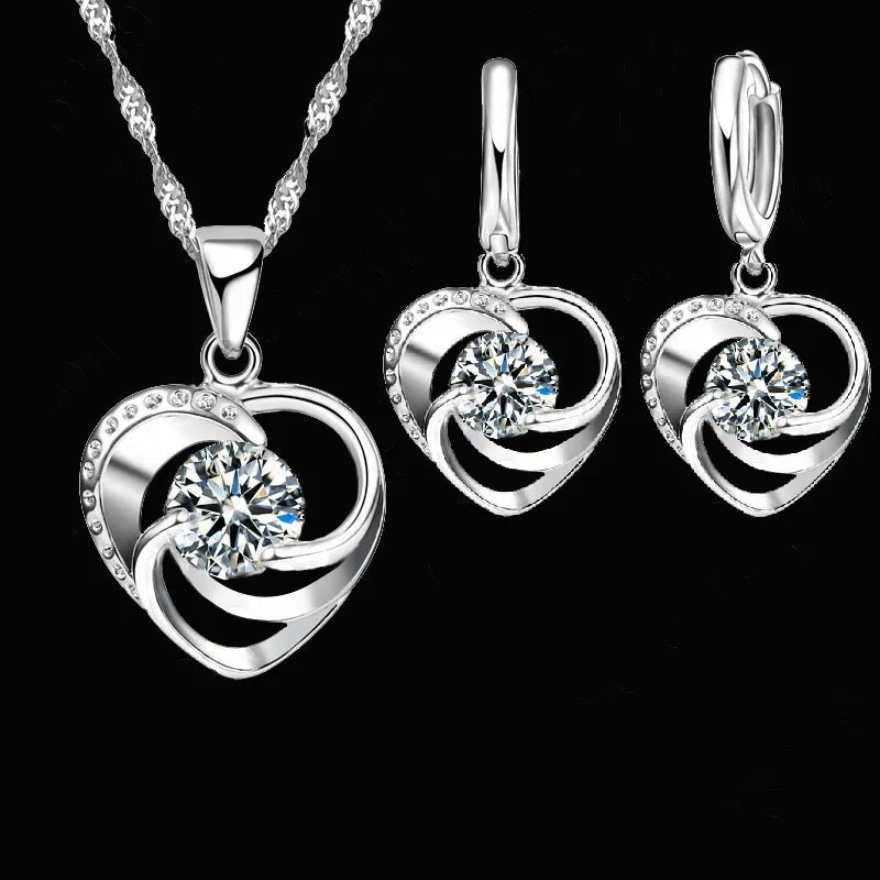 Exquisite Luxury 925 Sterling Silver Sparkling Heart Shape Zirconia Necklace and Earrings Set