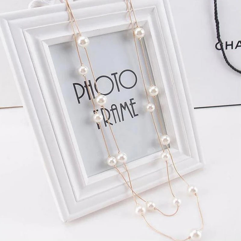 Fashion Long Double Layer Simulated Pearl Necklace Women