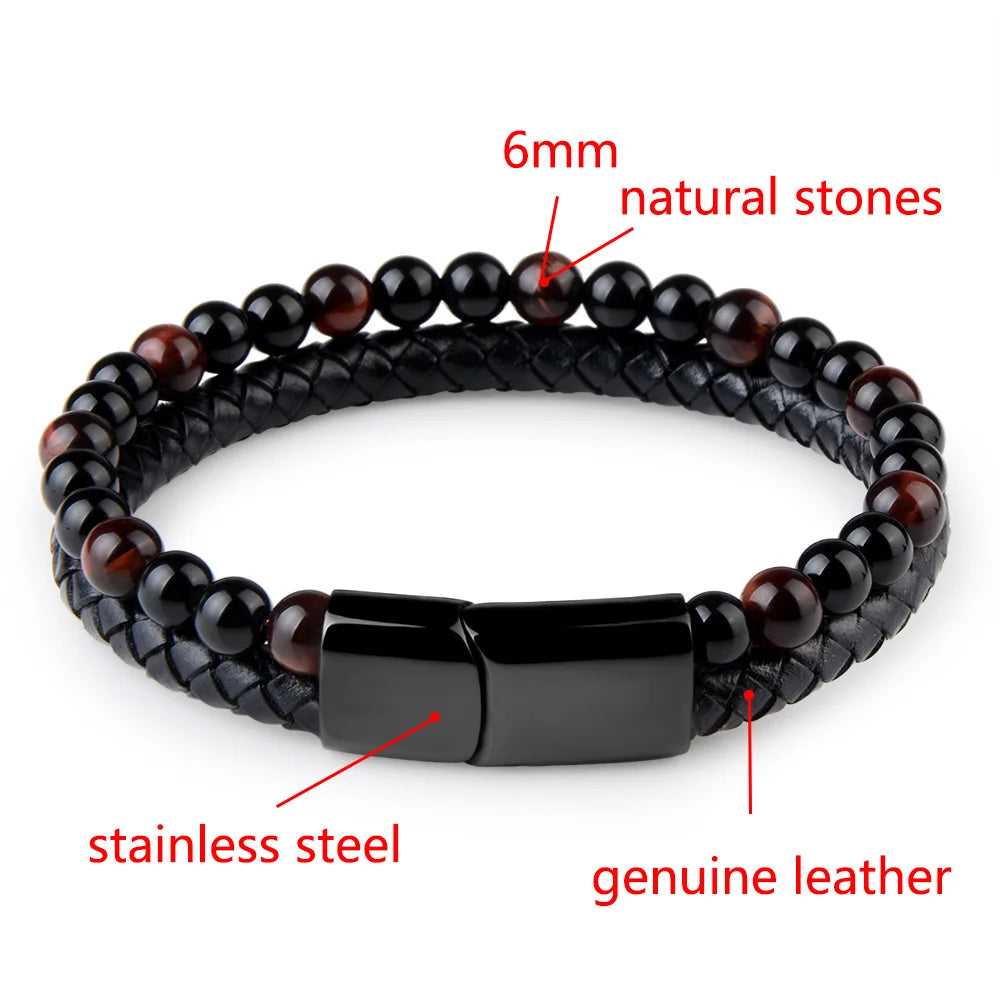 Luxury Stainless Steel Natural Stone Bracelets Genuine Leather Braided Bracelets