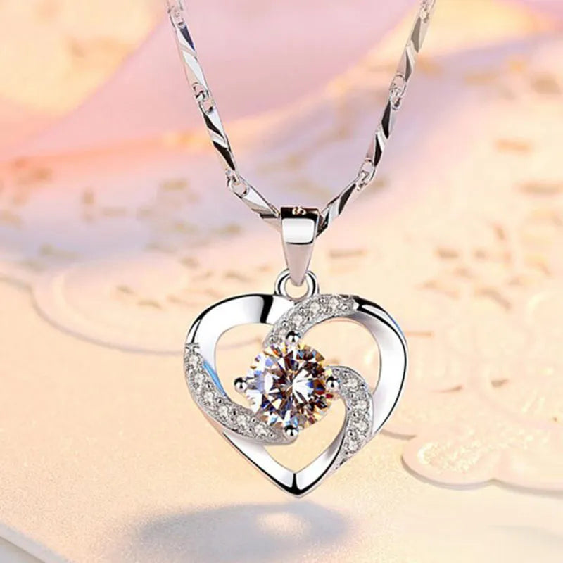 Elegance 925 Sterling Silver Austrian Crystal CZ Heart Pendant Choker Necklace