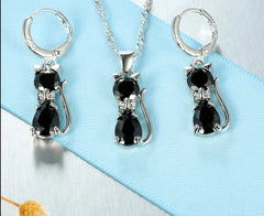 Exquisite 925 Sterling Silver Sparkling CZ Austrian Crystal Cute Cat Pendant Jewelry Sets for Women and Girls