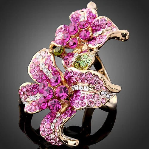 Exquisite Fashion Silver Plated Sparkling CZ Crystal Pink Lily Flower Rings