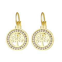 Stainless Steel Trend Fortune Life of Tree Zircon Crystal Fashion Charm Earrings