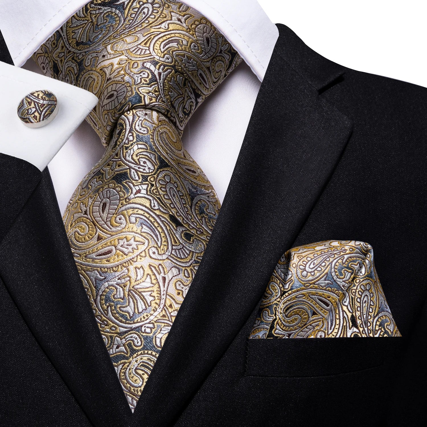 Luxury Hi-Tie Silk Paisley Yellow Brown Necktie with Square Pocket Plus Clip and Cufflinks Set