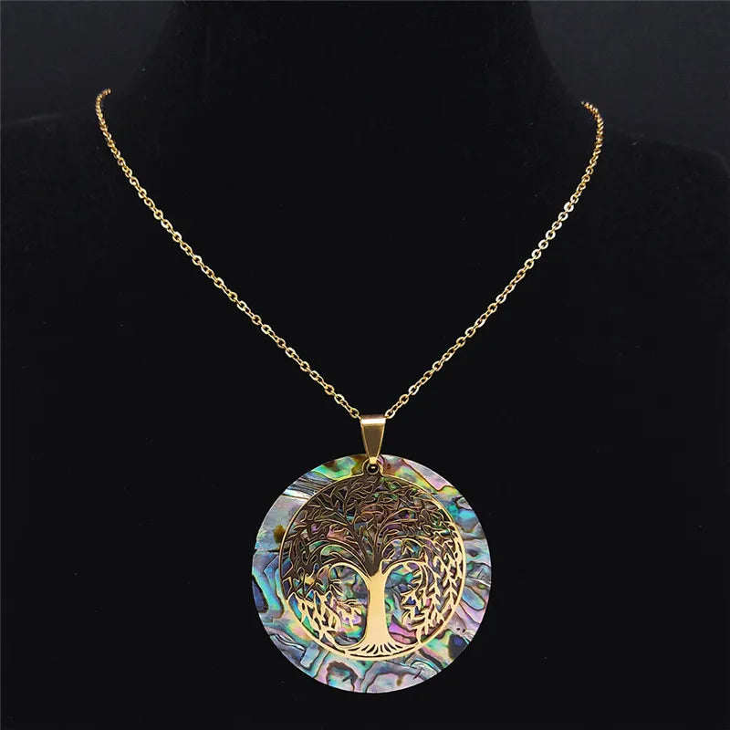 Exquisite Tree of Life Stainless Steel Abalone Shell Necklace for Women and Men
