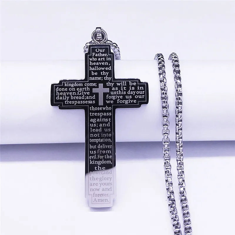 Stainless Steel Christian Bible Cross Chain Pendant Necklace
