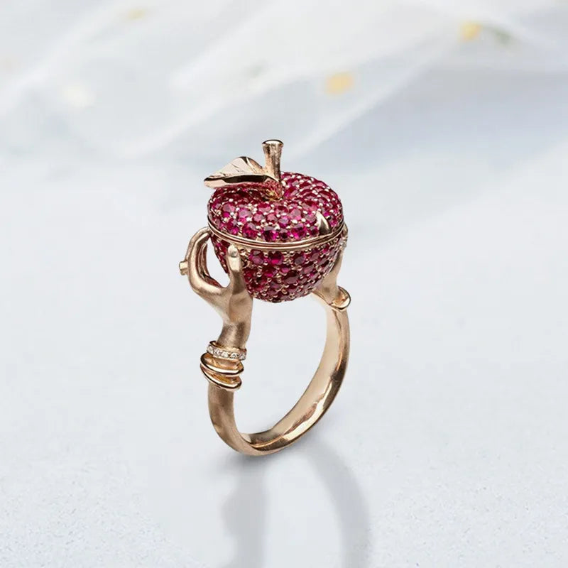 Luxury Pink Crystal Apple Secret Compartment Ring for Women