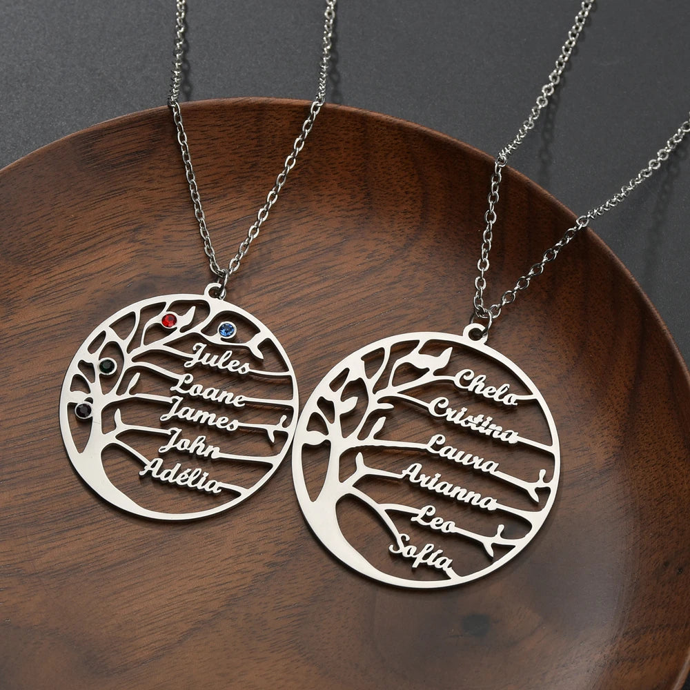 Exquisite Stainless Steel Personalized Life Of Tree Birthstones 1-6 Names Pendant Necklace for Family