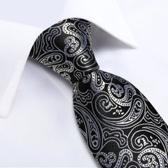 Luxury Hi-Tie 100% Silk Paisley Black And Silver Necktie with Pocket Square and Cufflinks Set