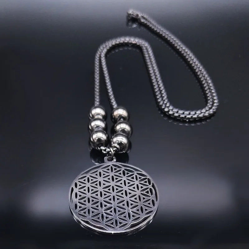 Exquisite Stainless Steel Flower of Life Mandala Metatron Long Black Bead Necklaces