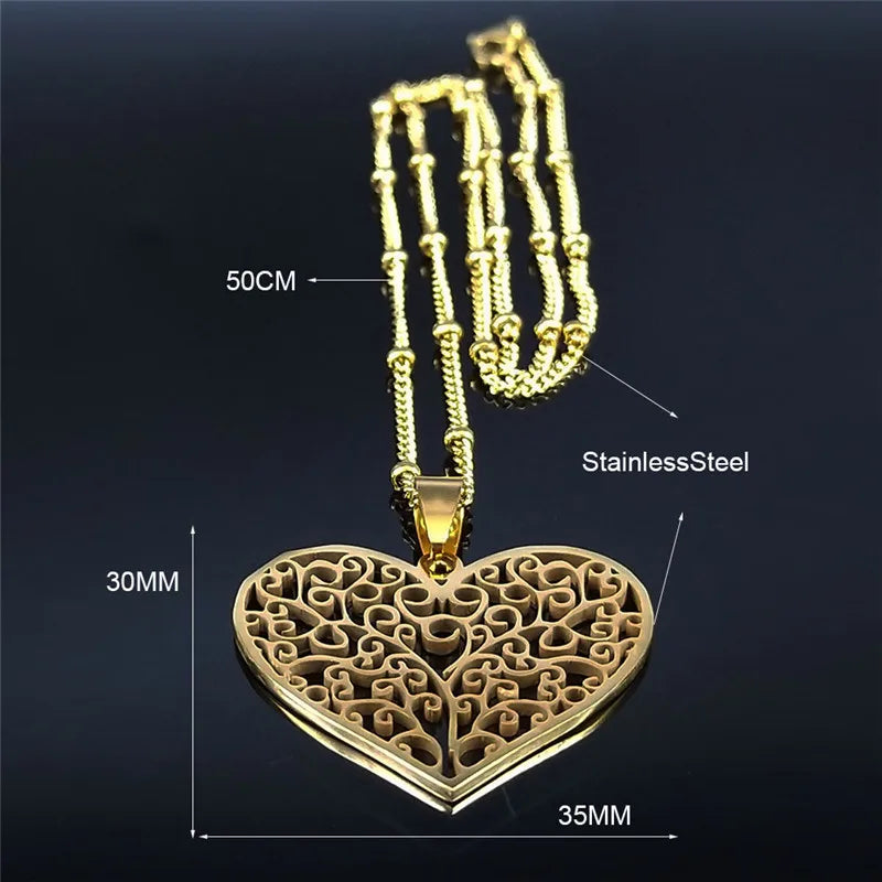 Gorgeous Stainless Steel Aesthetic Love Heart Tree of Life Hollow Pendant Necklace