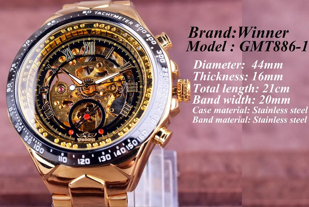 Luxury Winner Stainless Steel Sport Mechanical Bezel Automatic Skeleton Self-winding Mechanical Watch