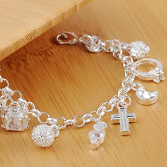 Luxury 925 Sterling Silver 13pcs Pendant Chain Charms Bracelet for Women and Girls