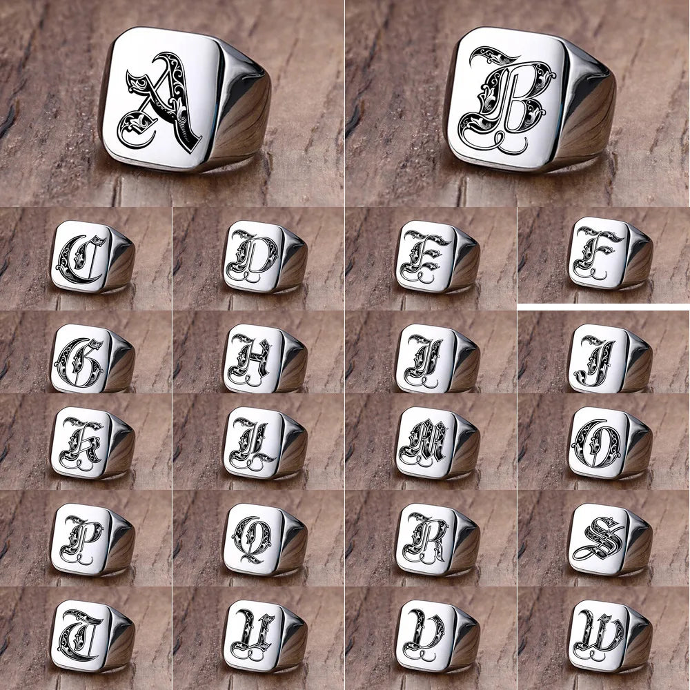 Luxury Retro Initials Signet Ring for Men 18mm Bulky Heavy Stamp Size 7-9 | Stainless Steel