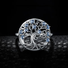 Exquisite Gorgeous 925 Sterling Silver Tree Of Life Created Blue Spine Open Adjustable Ring