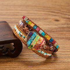 Gorgeous Colorful Big Chakra Heart Shape Wrap Leather Chain Bracelet