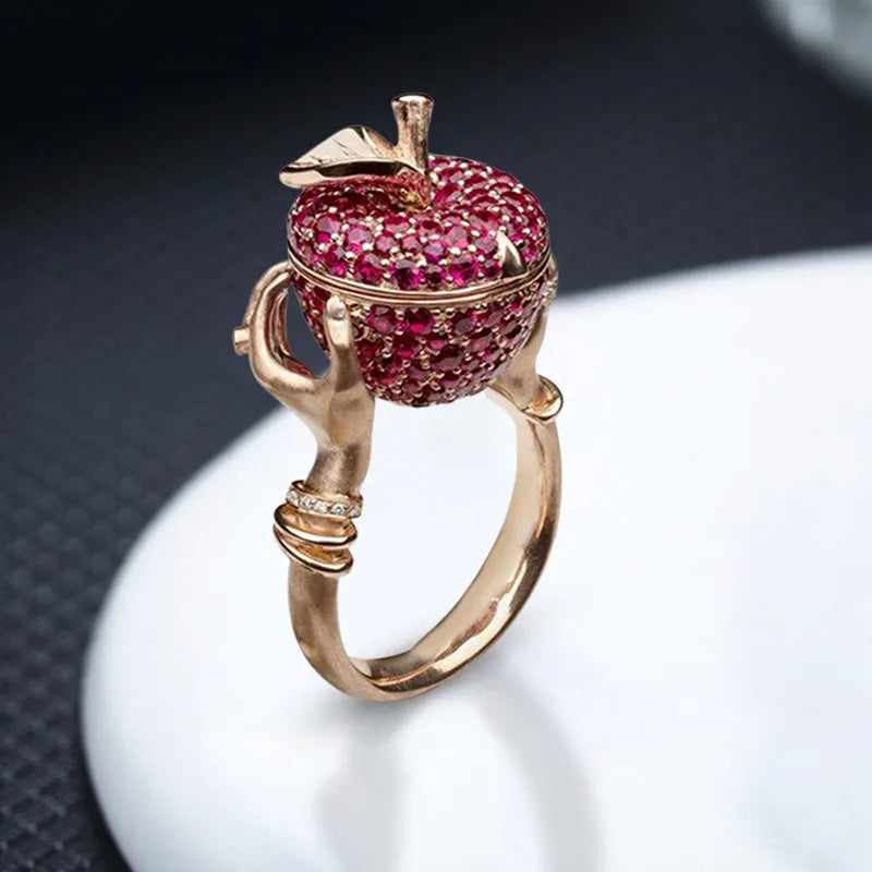 Luxury Pink Crystal Apple Secret Compartment Ring for Women