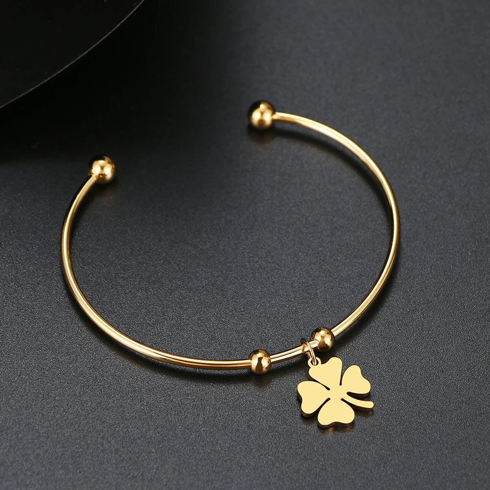 Exquisite 316L Stainless Steel Gold Four Leaf Clover Open Bracelets