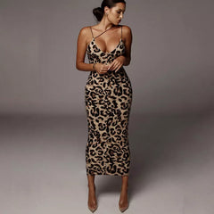 Elegant Leopard Print Sleeveless V-neck Party Dress