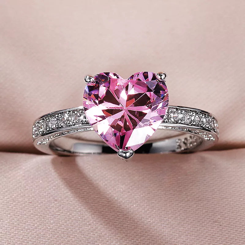 Exquisite Sparkling Birth Stones Heart Shaped Solitaire Cubic Zirconia Rings