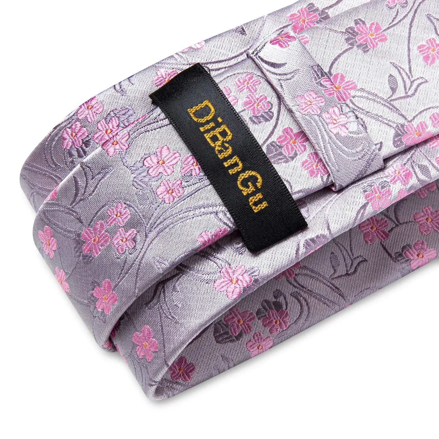 Luxury DiBanGu 100% Silk Floral Pink Necktie with Pocket Square Brooch and Cufflinks Set