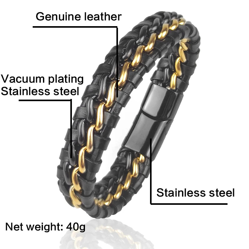 Exquisite Genuine Leather Stainless Steel Titanium Gold Plated Chain Bracelet for Men