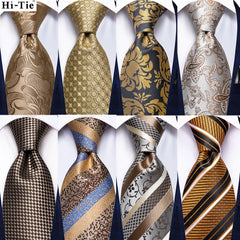 Luxury Hi-Tie 100% Silk Paisley Champagne Gold Striped Necktie with Pocket Square and Cufflinks Set