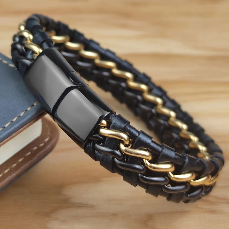 Exquisite Genuine Leather Stainless Steel Titanium Gold Plated Chain Bracelet for Men