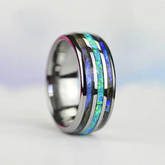 Radiant 8mm Rose Gold Color Tungsten Wedding Men Stainless Steel Rings: Inlay Abalone Shell Blue Opal Rings for Men