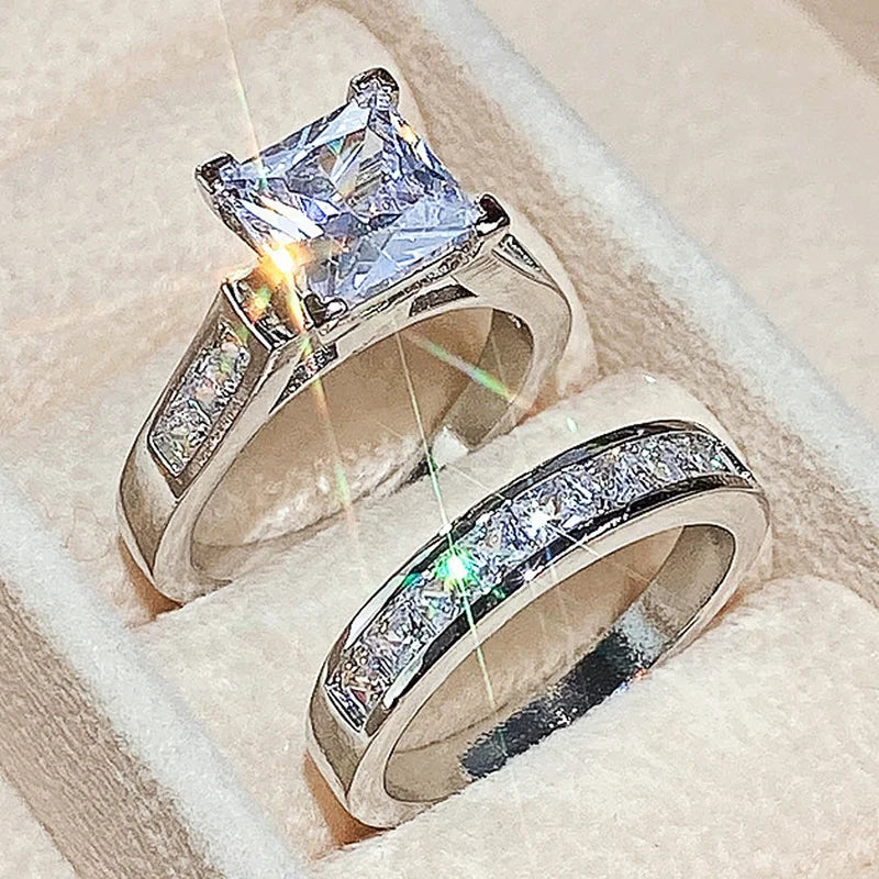 Luxury Brilliant Dazzling Square Zirconia Ring Set