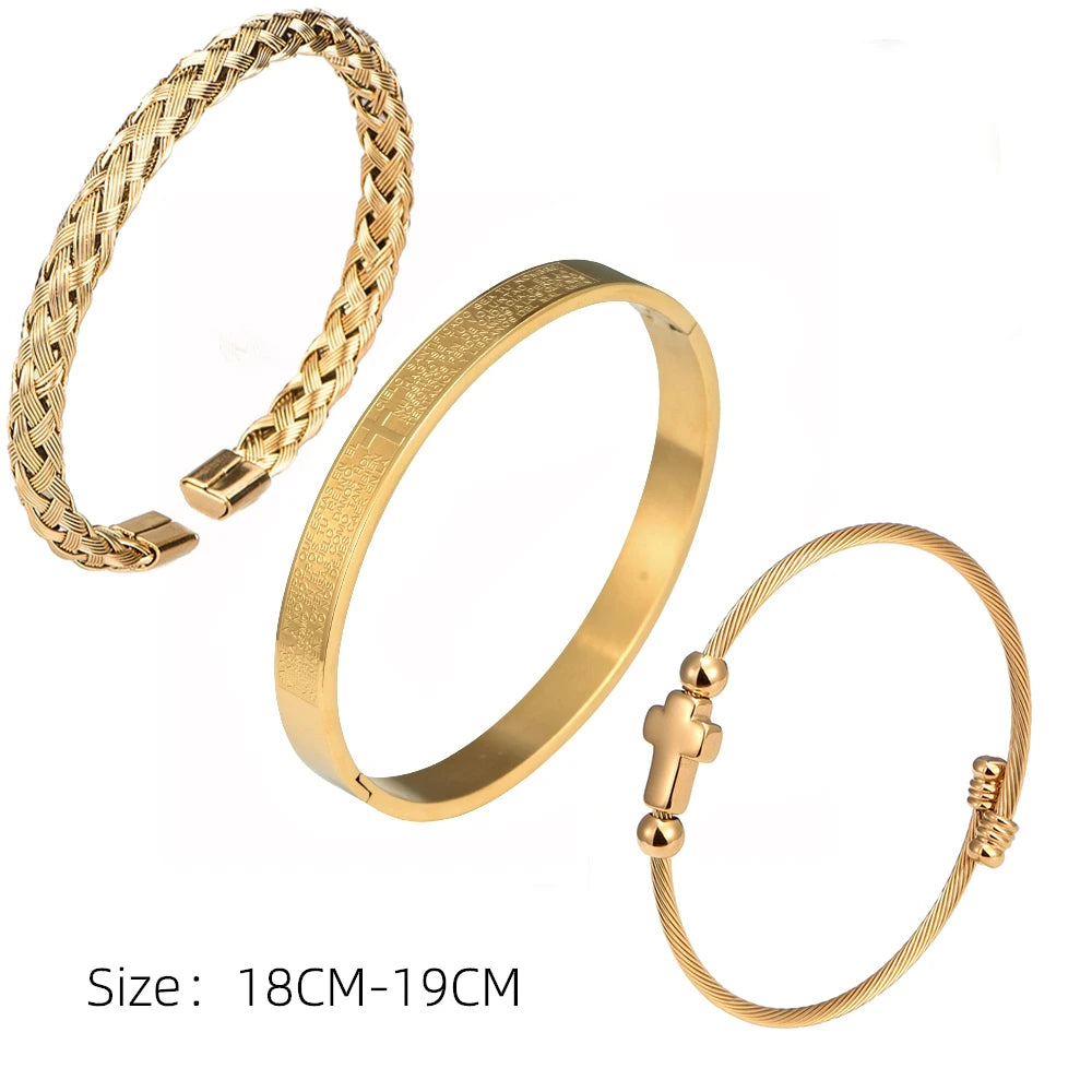Luxury 3PCS Stainless Steel Gold Cross Roman Numeral Bangle Cuff Bracelet