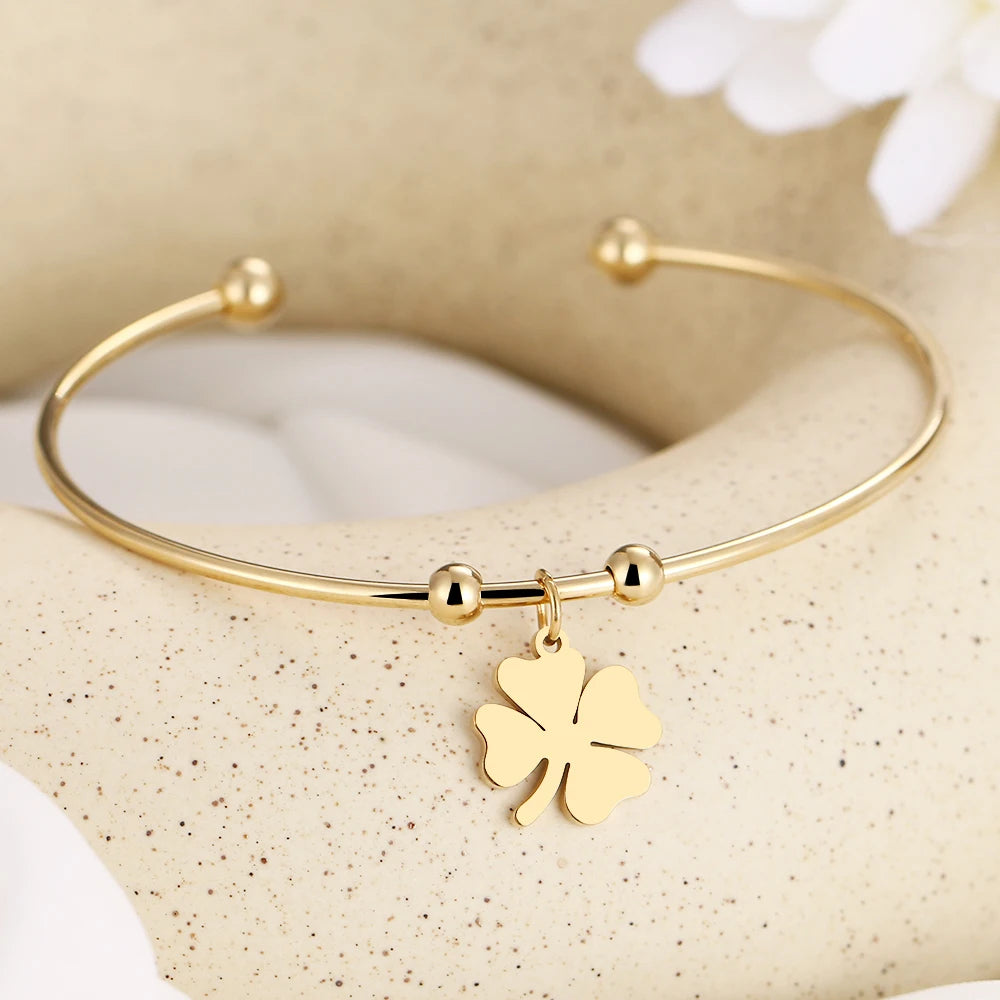 Exquisite 316L Stainless Steel Gold Four Leaf Clover Open Bracelets