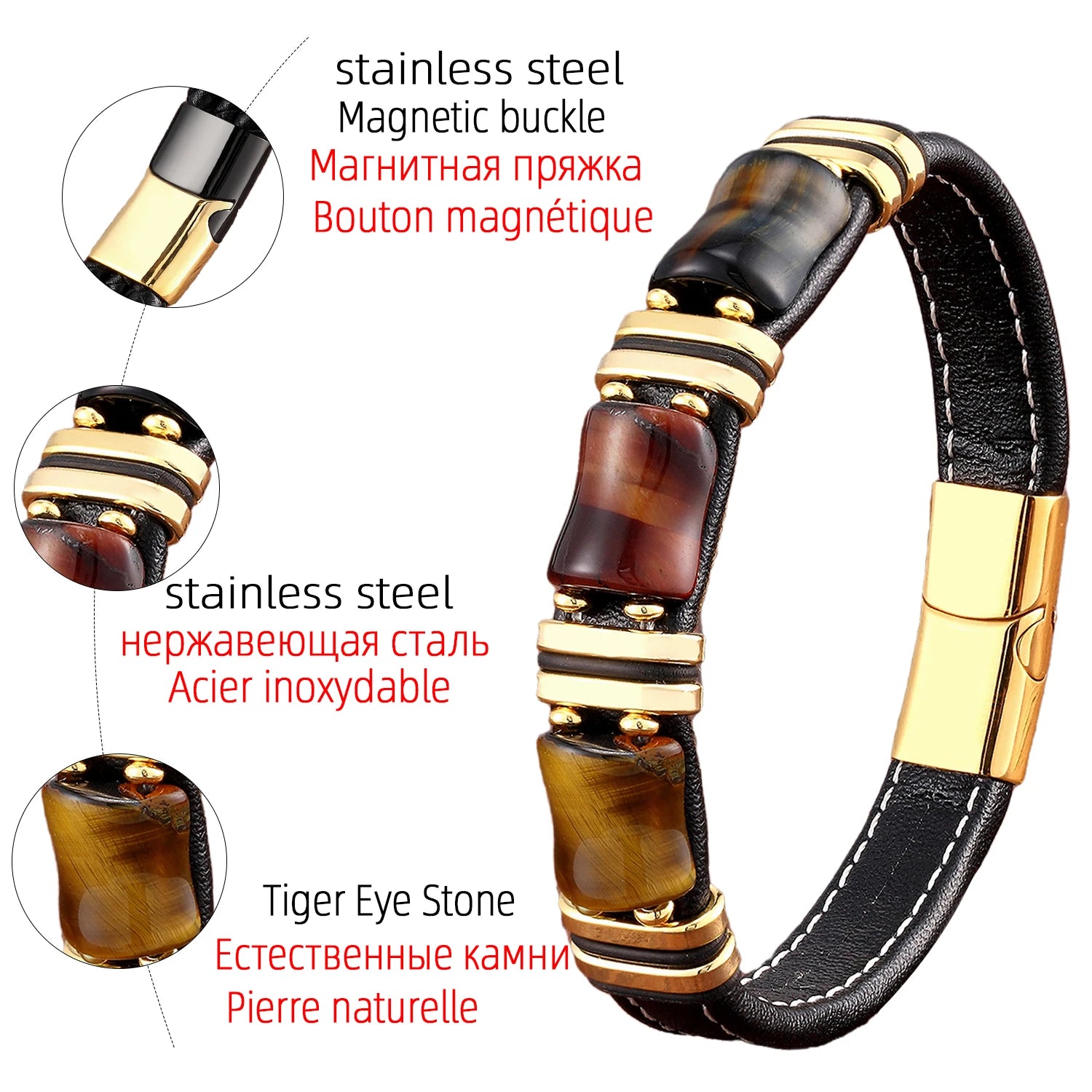 Gorgeous Stainless Steel Natural Stone Tiger Eye Leather Rope Chain Bracelet for Women and Men