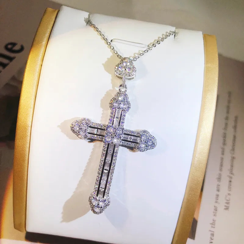 Gorgeous 925 Sterling Silver Full Zircon Inlay Cross Pendant Necklace