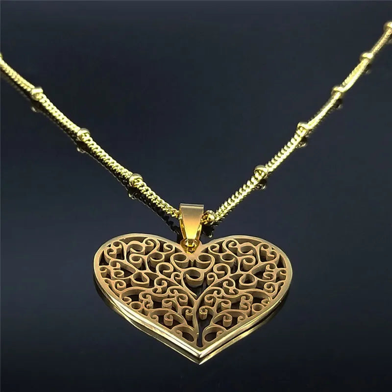 Gorgeous Stainless Steel Aesthetic Love Heart Tree of Life Hollow Pendant Necklace