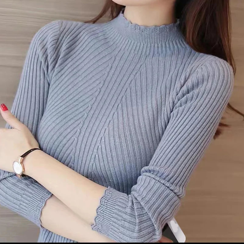 Gorgeous Elegant Women Mock Neck Ruffles Knitted Soft Pullovers Stripe Casual Sweaters