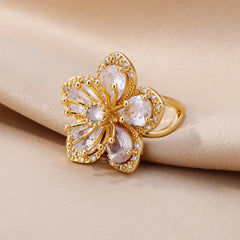 Gorgeous Pink Zircon Flower Rings: Gold Stainless Steel Women's Ring 2024 Trend