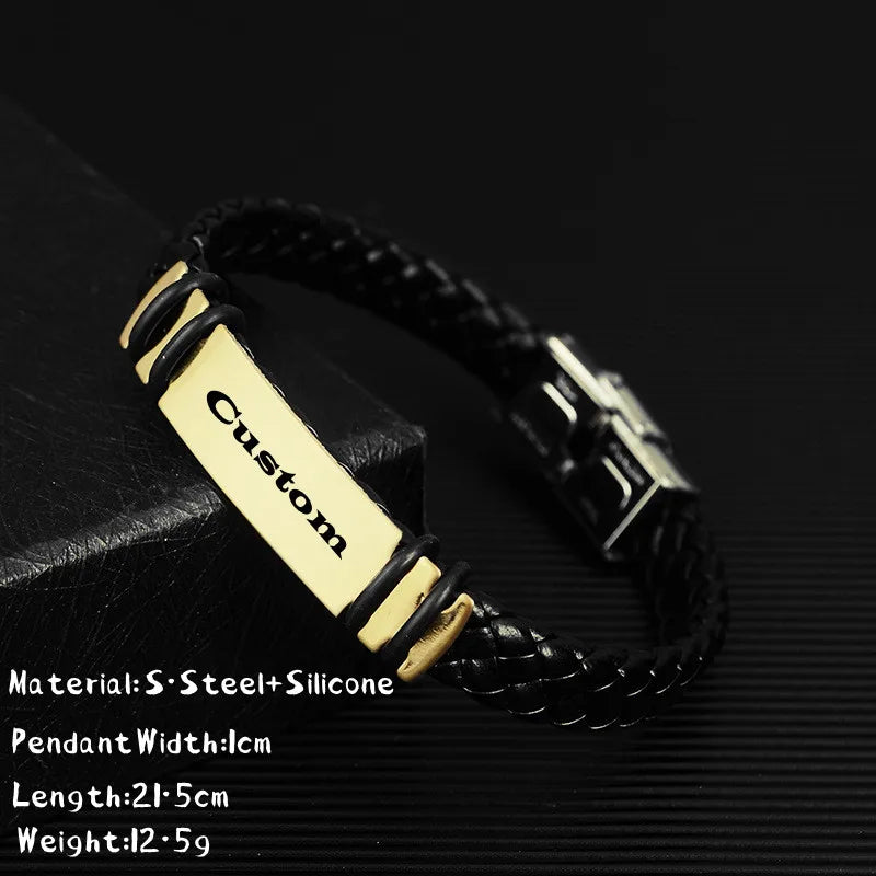 Luxury Stainless Steel Custom Logo Name Engrave Leather Bangle Hand Made Bracelet for Men and Women