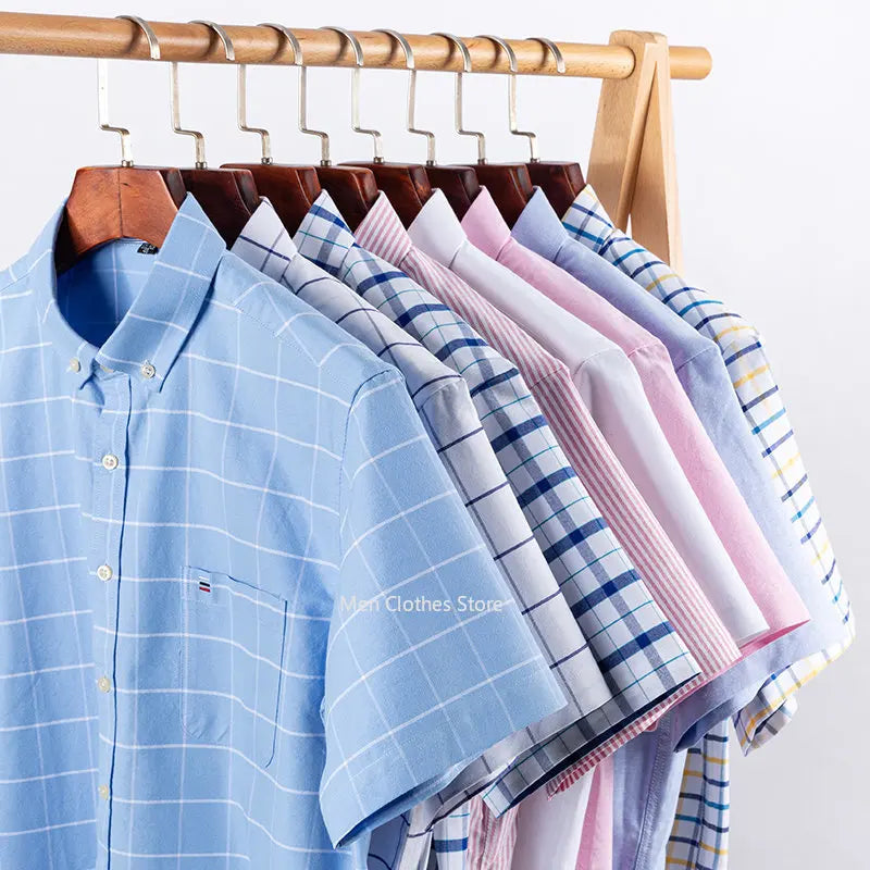 Luxury Men's  100% Pure Cotton Short Sleeve Striped Single Pocket Plaid Shirt Size 44-47