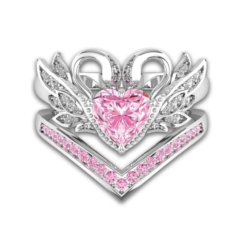 Exquisite Elegant Beautiful Angel Wings Heart Pink Zirconia Ring for Women and Girls