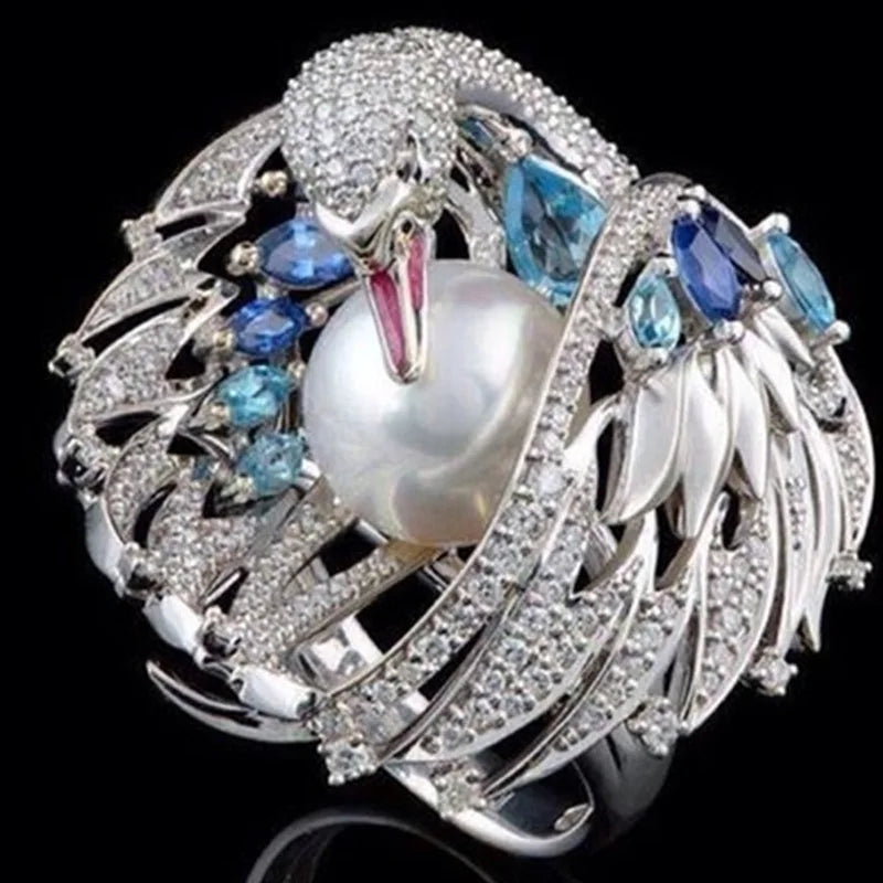 Exquisite Luxury Shiny White Swan Pearl CZ Ring for Women