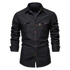 High Quality Stylish Men's Casual Cotton Elastic Long Sleeve Denim Shirt