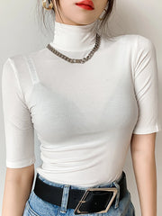 Elegant Women Cotton Short Sleeve Turtleneck Tops