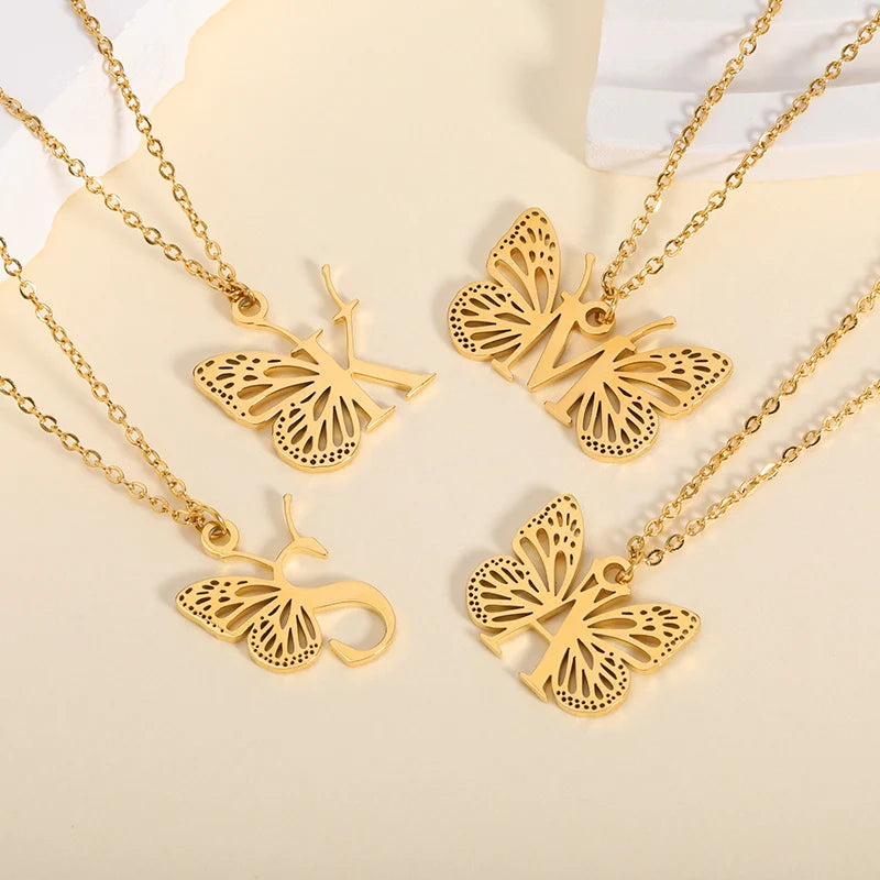 Exquisite Luxury Gold Platinum Plated A-Z Alphabet Initial Letter with Butterfly Pendant Necklace