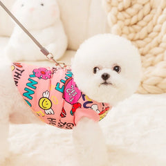 Cute Fashion Print Pet Down Jacket | Colorful Graffiti Design | Traction Buckle | Soft & Windproof