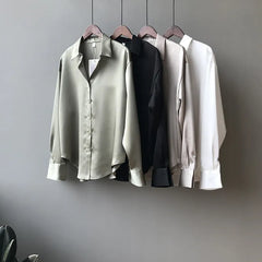 Elegant Vintage Satin Silk Long Sleeves Loose Shirt Blouse